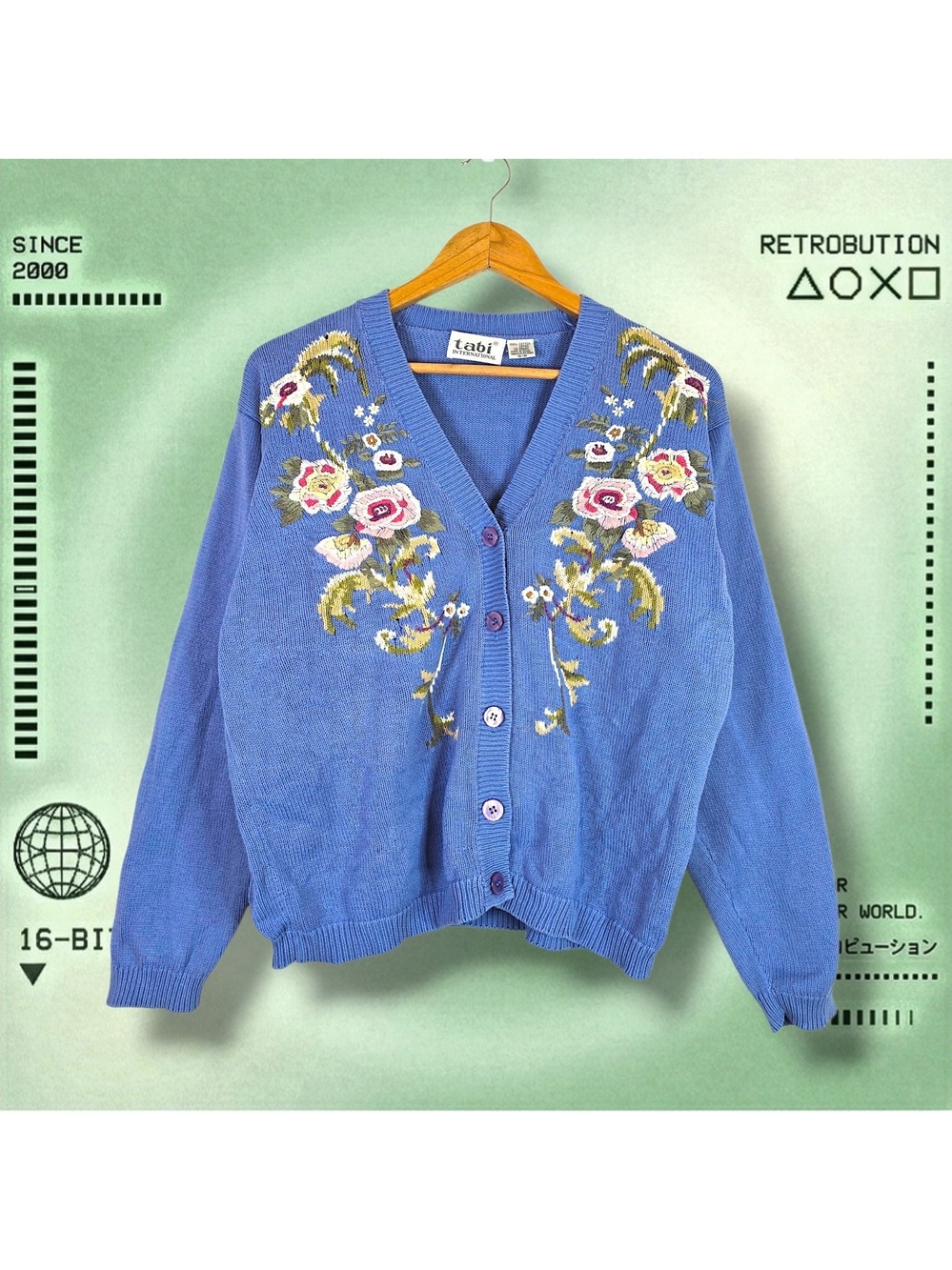 Vintage 90s Flower Knit Cardigan Sweater Blue Size M